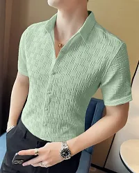 Elegant Cotton Blend Self Pattern Short Sleeves Casual Shirts For Men-thumb1