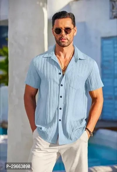 Elegant Cotton Blend Self Pattern Short Sleeves Casual Shirts For Men-thumb0