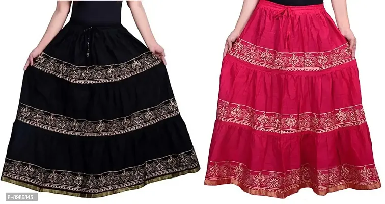 Sirtex Eazy Rajasthani Jaipuri Women Traditional Ethnic Flared Gold Print Long Skirt Elastic with Free Size (Black::Pink)-thumb0