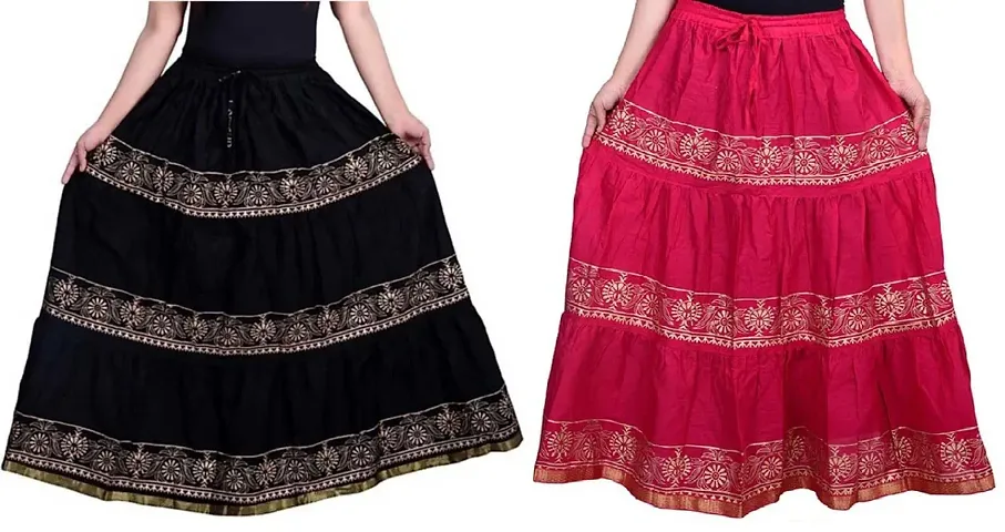 Stylish Flared Gold Printed Skirt For Women - Pack Of 2