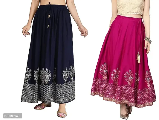 Sirtex Eazy Rajasthani Jaipuri Women Traditional Ethnic Flared Gold Print Long Skirt Elastic with Free Size (Navy Blue::Pink)-thumb0