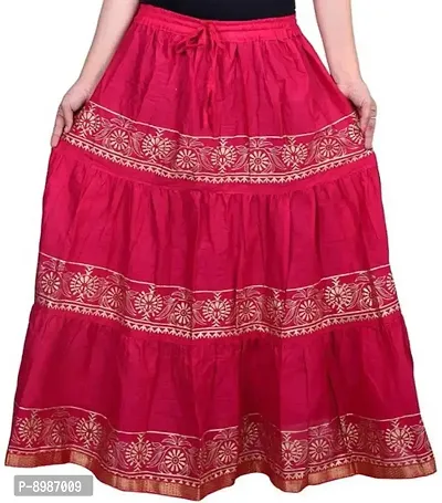 SIRTEX EAZY Rajasthani Jaipuri Women Traditional Ethnic Flared Gold Print Long Skirt Elastic with Free Size (Pink)-thumb0