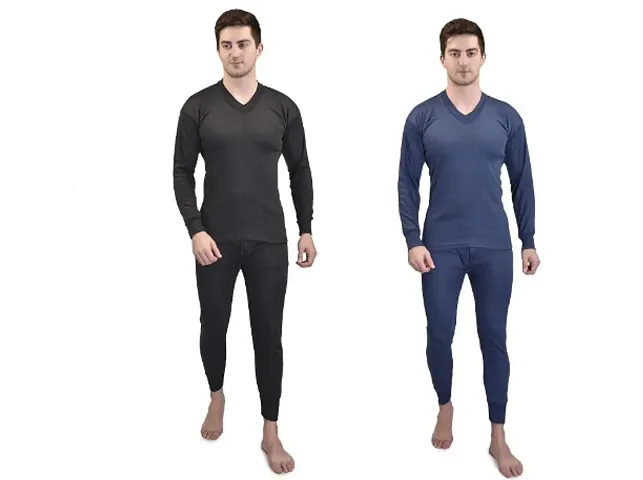 Stylist Solid Cotton Blend Thermal Sets For Men Pack Of 2