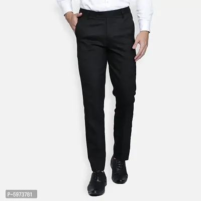 Black Cotton Blend Mid Rise Formal Trousers For Men
