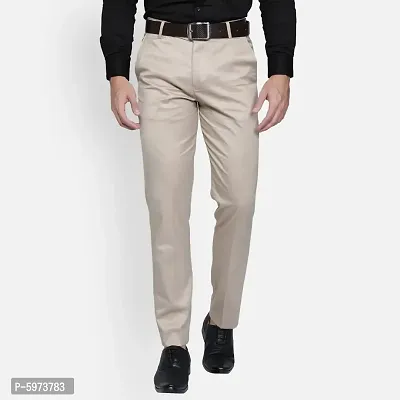 Fabulous Stylish Cream Lycra Blend Solid Formal Trousers For Men-thumb0