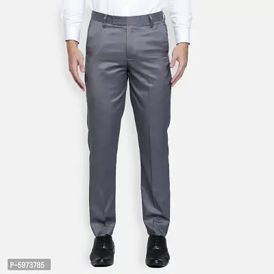 Fabulous Stylish Dark Grey Lycra Blend Solid Formal Trousers For Men
