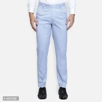 Blue Cotton Blend Mid Rise Formal Trousers For Men