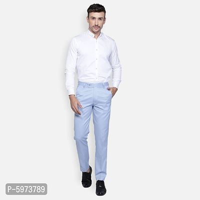 Blue Cotton Blend Mid Rise Formal Trousers For Men-thumb2