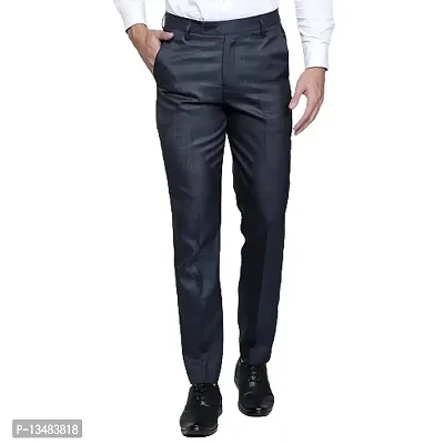 Haul Chic Men's Polyster Blend Self Design Slim Fit Formal Trouser Blue