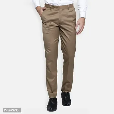Fabulous Stylish Brown Lycra Blend Solid Formal Trousers For Men