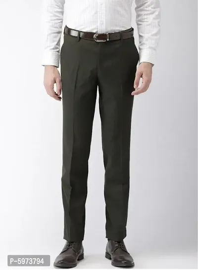 Olive Cotton Blend Mid Rise Formal Trousers For Men