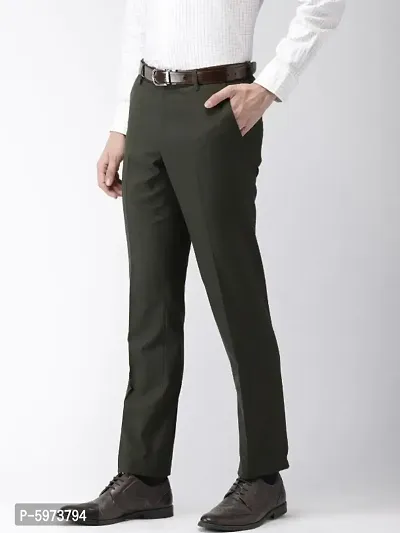 Olive Cotton Blend Mid Rise Formal Trousers For Men-thumb2