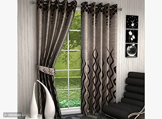New panipat textile zone Polyester Jute Set of 2 Eyelet Door Curtain (4x7) feet Color-Brown-thumb0