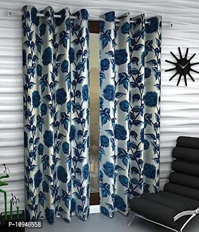 New panipat textile zone Polyester Set of 2 Eyelet Door Curtains (4x7) feet Color- Blue-thumb0