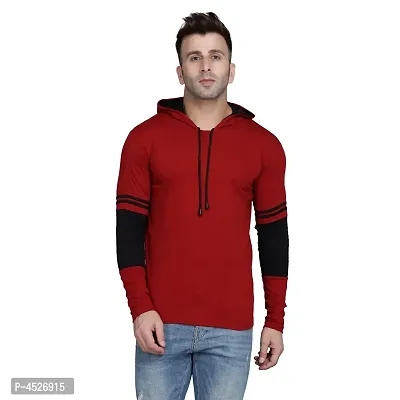 Mens Red Cotton Blend Self Pattern Hooded Tees