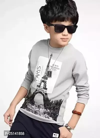Round Neck Full Sleeves Regular Fitted Paris Printed T Shirt for Kids-thumb3