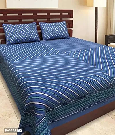 UniqChoice Jaipuri Designer Striped Printed Cotton Double Bedsheet with Zipped 2 Pillow Cover (Multicolour, Blue)
