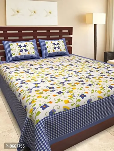 UniqChoice Floral Japuri Printed 120 TC 100% Cotton Double Bedsheet with 2 Pillow Cover,Blue(MUCD_52)