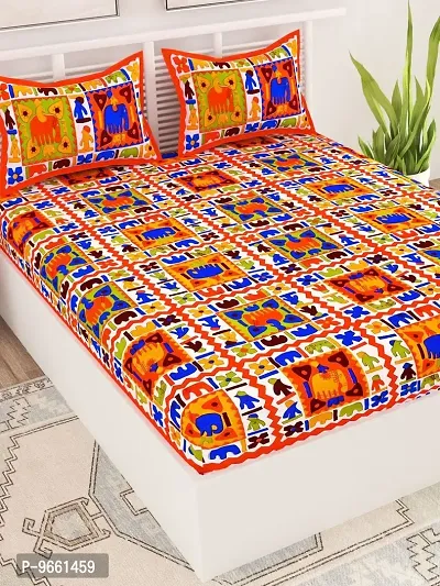 UniqChoice Orange Color Rajasthani Traditional Printed 120 TC 100% Cotton Double Bedsheet with 2 Pillow Cover,UCEBD122-thumb3