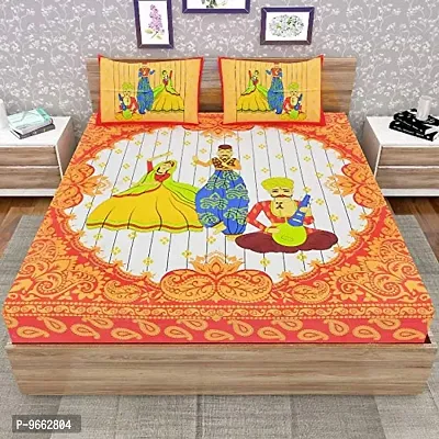 UniqChoice Cotton Traditional Print Double Bedsheet with 2 Pillow Cover - Orange (215 x 240 cm)-thumb2