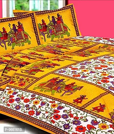 UniqChoice Yellow Color Rajasthani Traditional Printed 120 TC 100% Cotton Double Bedsheet with 2 Pillow Cover,UCBD151