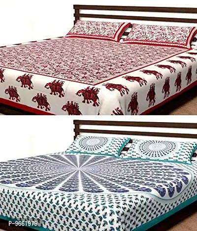 UniqChoice 100% Cotton red & Blue Colour Sanganari Traditional 2 Double Bedsheet with 4 Pillow Cover-thumb0