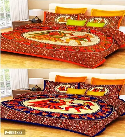 UniqChoice Rajasthani & Jaipuri Traditional 100% Cotton 2 Double Bedsheet Combo with 4 Pillow Cover-thumb0
