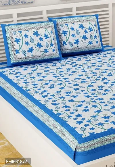 UniqChoice Blue Color Cotton Printed Double Bedsheet with 2 Pillow Cover (Angurbel)-thumb3