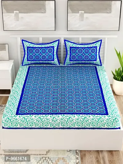 UniqChoice Blue Color Rajasthani Traditional Printed 120 TC 100% Cotton Double Bedsheet with 2 Pillow Cover,UCEBD341