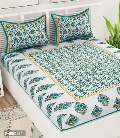 UniqChoice Floral Japuri Printed 120 TC 100% Cotton Double Bedsheet with 2 Pillow Cover,Turquoise(UUCCKD68)-thumb3