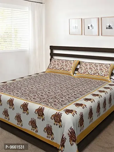 UniqChoice Jaipuri Print 100% Cotton Rajasthani Tradition Double Bedsheet with 2 Pillow Cover(Yellow Color)