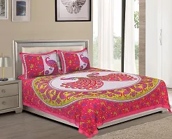 UniqChoice Pure Cotton Floral Jaipuri Traditional Double Bedsheet with 2 Pillow Cover, Standard, Pink, (PGIBD_29)-thumb1