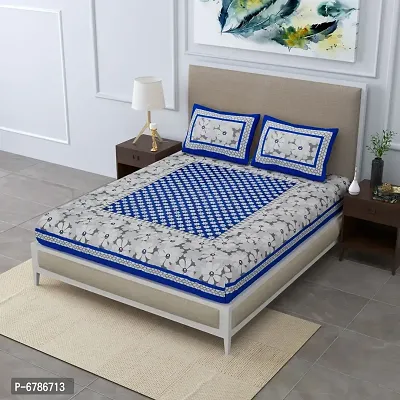 New Collection Blue Cotton Printed Double Bedsheet With Pillow Covers
