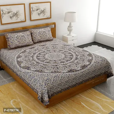 New Collection Grey Cotton Printed Double Bedsheet With Pillow Covers