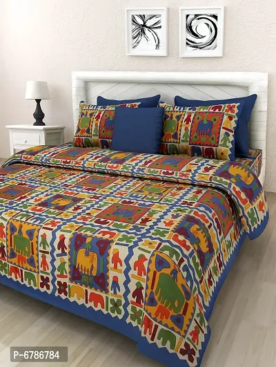 New Collection Blue Cotton Printed Double Bedsheet With Pillow Covers-thumb0