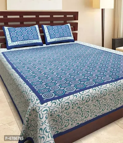 New Collection Blue Cotton Printed Double Bedsheet With Pillow Covers