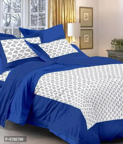 New Collection Blue Cotton Printed Double Bedsheet With Pillow Covers