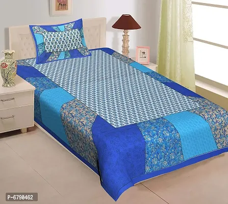 Designer Blue Cotton Printed Single Bedsheet With Pillow Cover-thumb0
