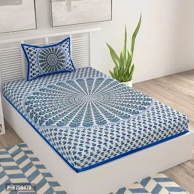 Designer Blue Cotton Printed Single Bedsheet With Pillow Cover