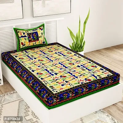 Designer Green Cotton Printed Single Bedsheet With Pillow Cover-thumb0