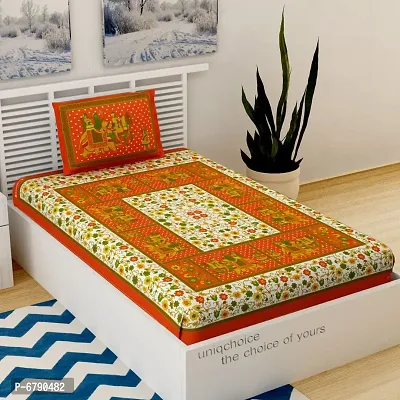 Designer Orange  Cotton Printed Single Bedsheet With Pillow Cover