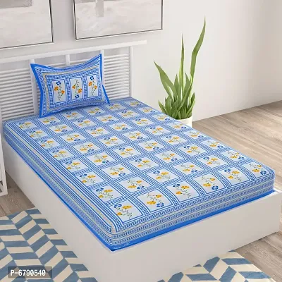 Designer Blue Cotton Printed Single Bedsheet With Pillow Cover