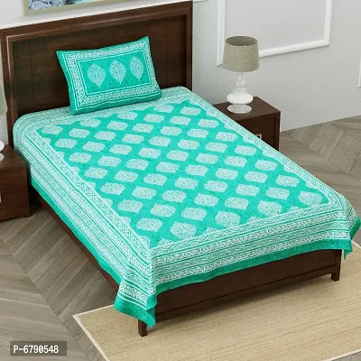 Designer Green Cotton Printed Single Bedsheet With Pillow Cover