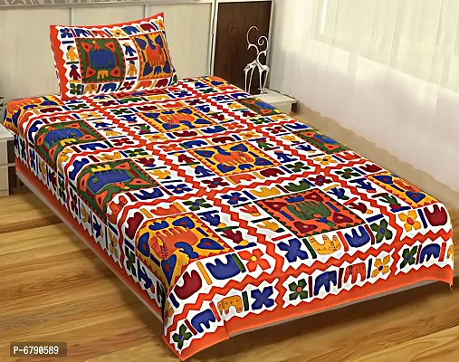 Designer Orange  Cotton Printed Single Bedsheet With Pillow Cover-thumb0