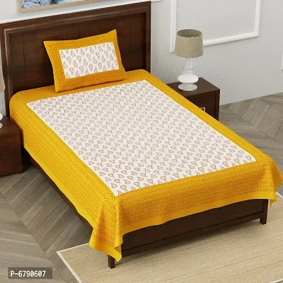 Designer Yellow Cotton Printed Single Bedsheet With Pillow Cover