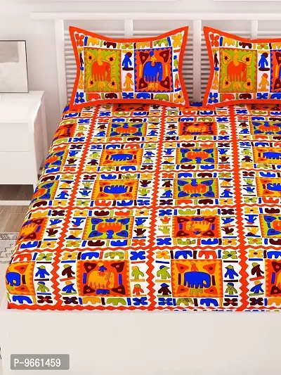 UniqChoice Orange Color Rajasthani Traditional Printed 120 TC 100% Cotton Double Bedsheet with 2 Pillow Cover,UCEBD122-thumb4