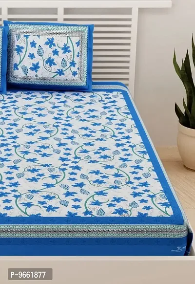 UniqChoice Blue Color Cotton Printed Double Bedsheet with 2 Pillow Cover (Angurbel)-thumb4