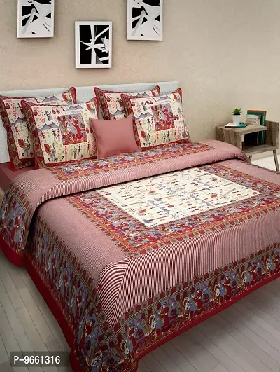 UniqChoice Rajasthani Traditional Print 120 TC 100% Cotton Double Bedsheet with 2 Pillow Cover ,Red(UCEBD08)-thumb0