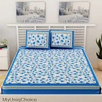 UniqChoice Blue Color Cotton Printed Double Bedsheet with 2 Pillow Cover (Angurbel)-thumb1