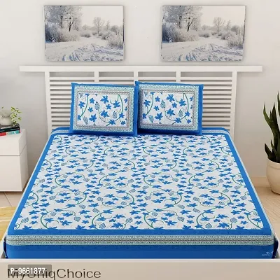 UniqChoice Blue Color Cotton Printed Double Bedsheet with 2 Pillow Cover (Angurbel)-thumb2